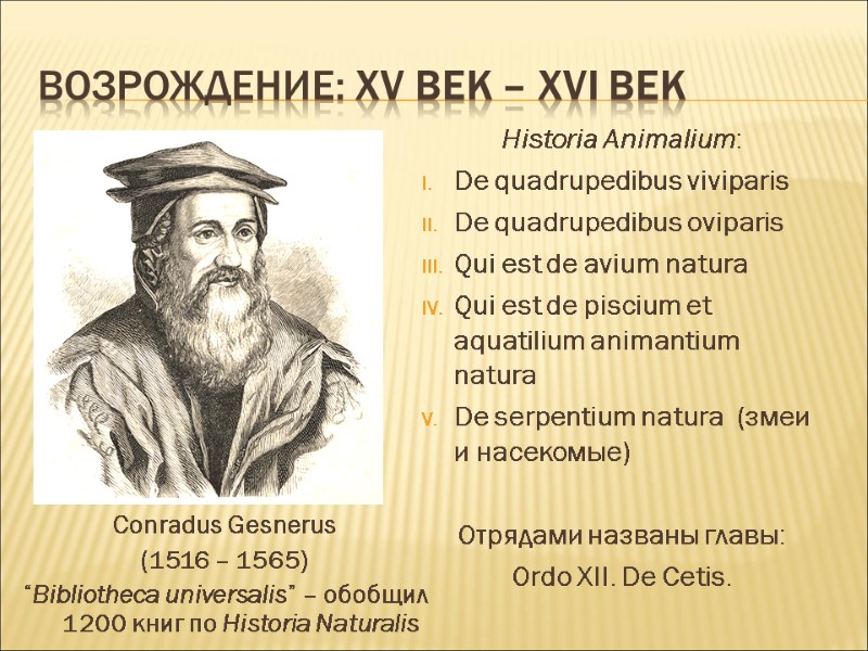 ВОЗРОЖДЕНИЕ: ХV век – ХVI век Conradus Gesnerus (1516 – 1565) “Bibliotheca universalis” –
